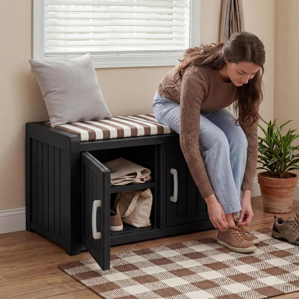 2-Tier Storage Bench, Waterproof UV-Resistant Outdoor Shoe Storage Cabinet ,O...