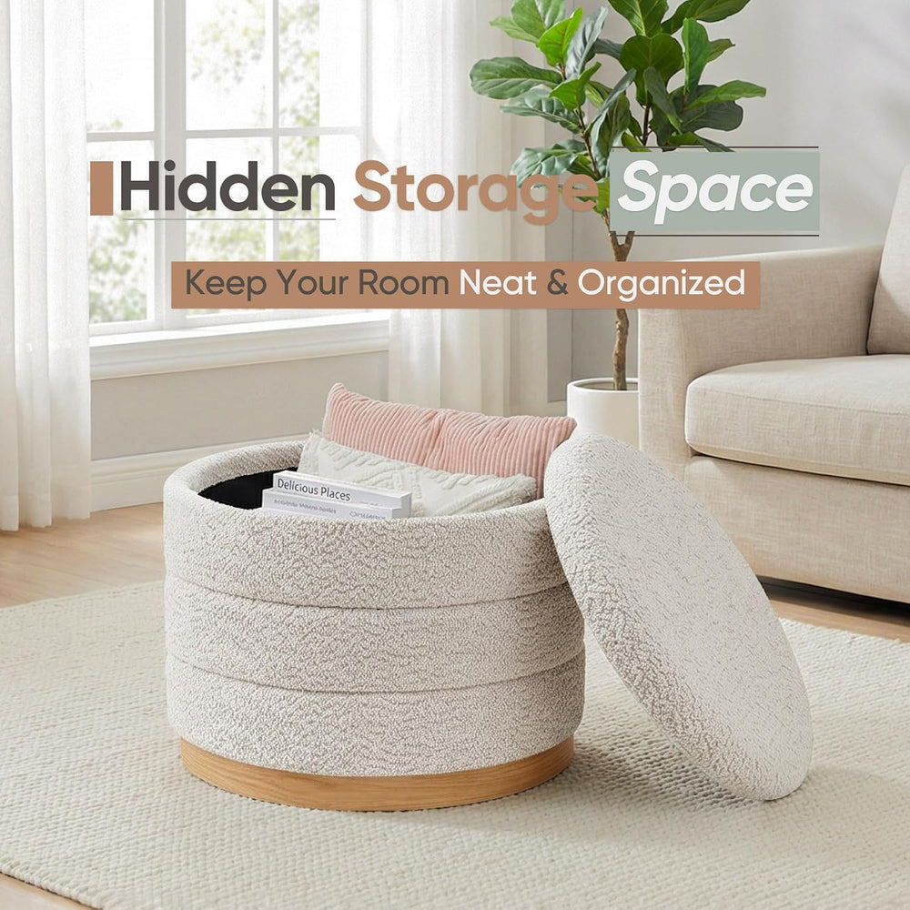 Round Storage Ottoman with Tray Lid, Folding Chenille Fabric Footrest with Hi...