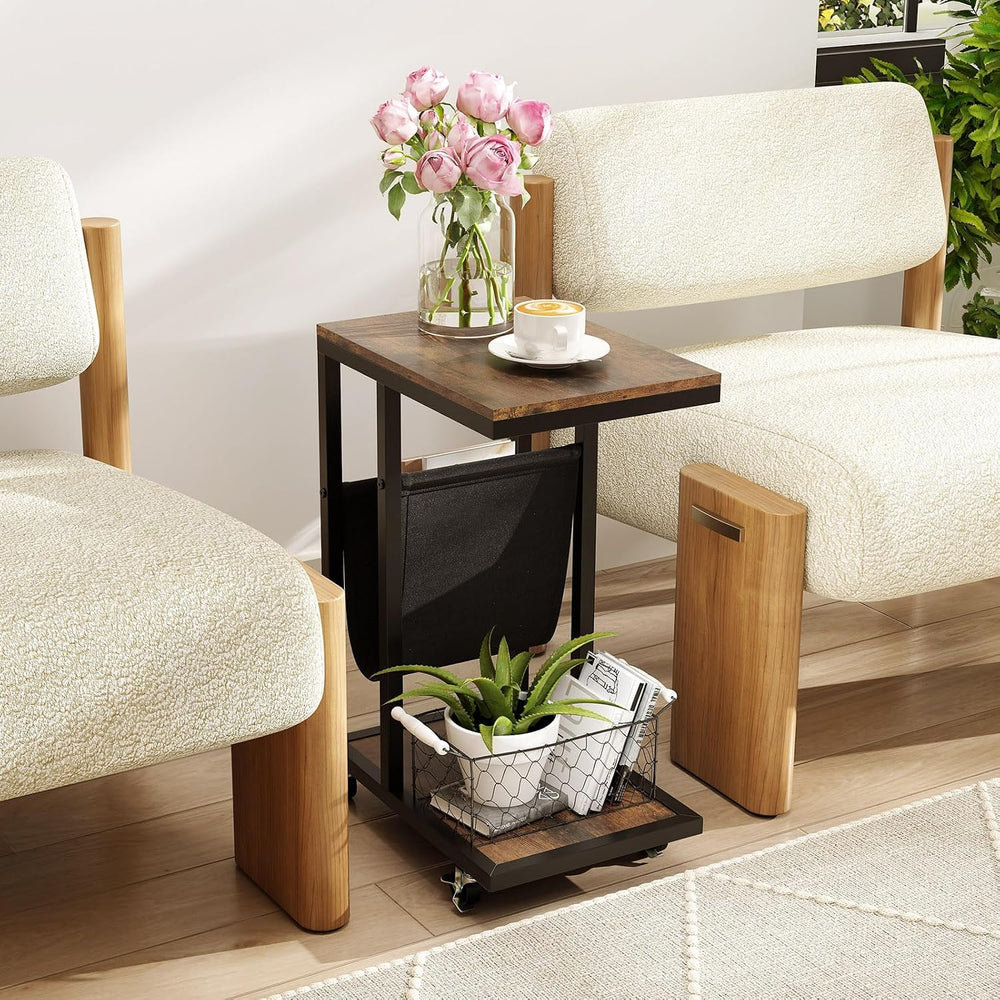 Giantex C Shaped End Table with Rolling Wheels, Sofa Side Table with Magazine...