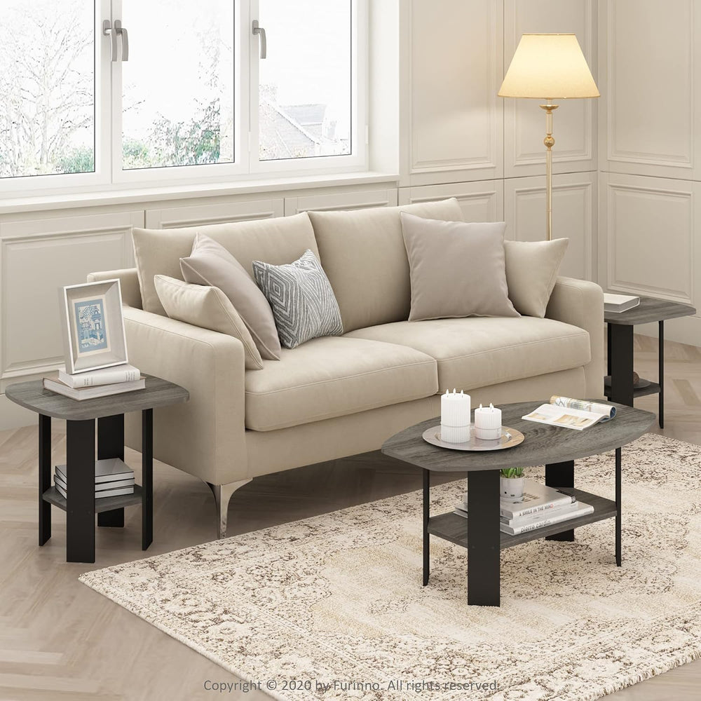 Furinno Simple Side Table Set of 2, 2-Tier Grey End Table with Soft Edges, Op...