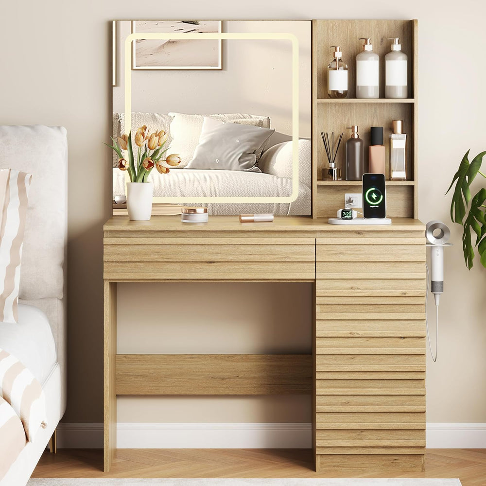 Vanity Desk with Lights, Fluted Vanity with 4 Drawers, Open Shelves, Power Ou...
