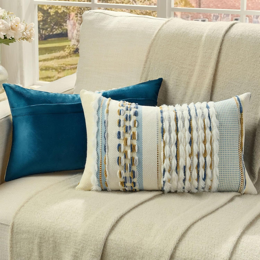 FUTEI 2 Pack Tufted Throw Pillow Covers Covers 12x20 Inch,Navy+Brown