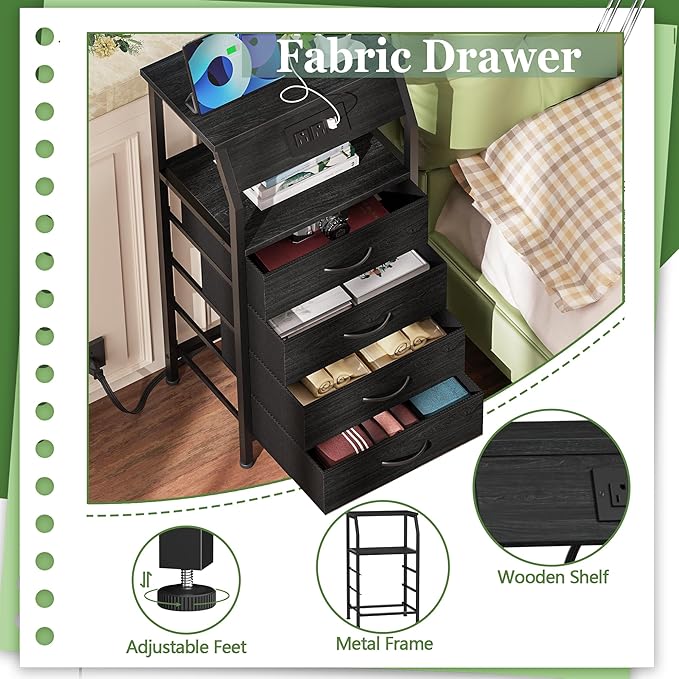 Furnulem Night Stand with Charging Station, 4 Drawer Dresser with Storage She...