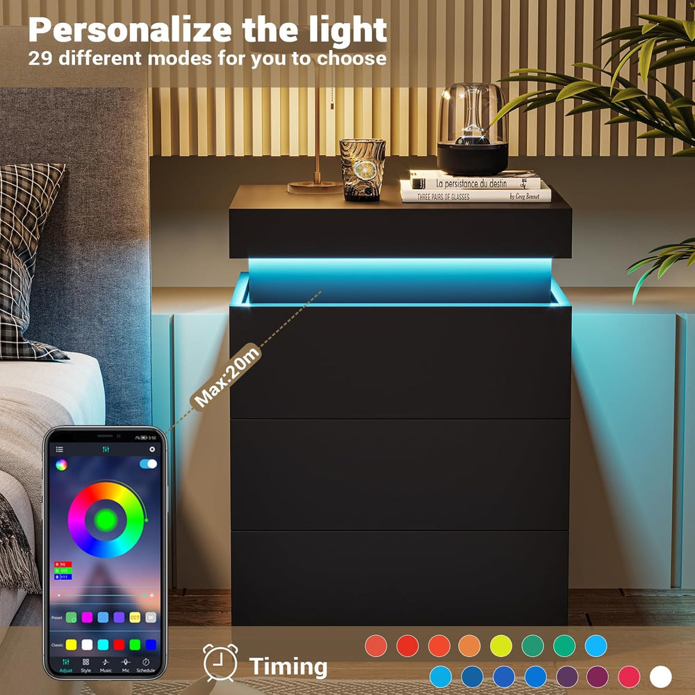 ADORNEVE Black Nightstand with Charging Station and LED Lights | Modern Night...