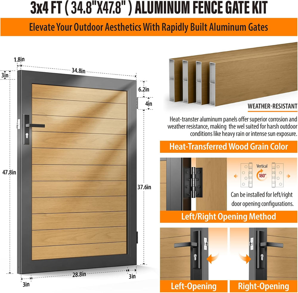 3x4 FT (34.8"x47.8") Aluminum Fence Gate Kit, Heavy-Duty Wood Grain...