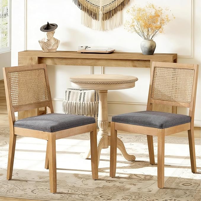 Rattan Dining Chairs Set of 4, French Country Cane Back Upholstered Kitchen C...