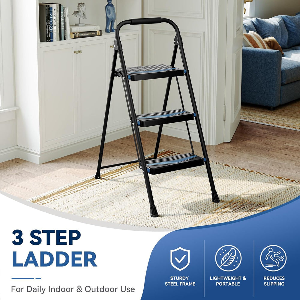3 Step Ladder Lightweight Folding Step Stool for Adults, Black