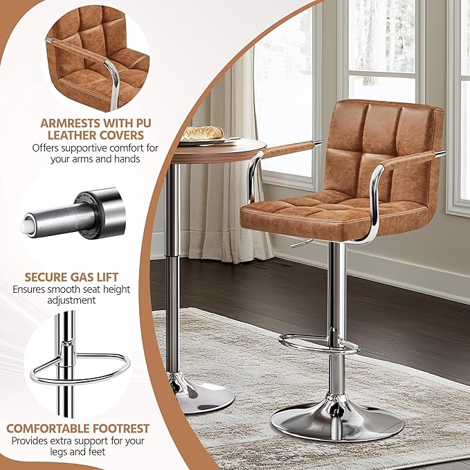 Yaheetech Bart Stools Set of 4, PU Leather Adjustable Barstools with Armrest,...