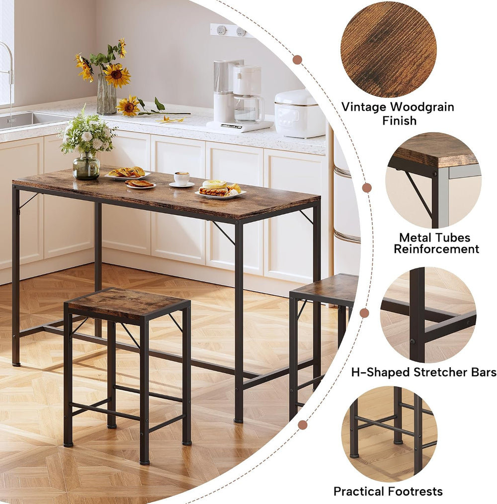 Homeiju Bar Table and Chairs Set, Dining Table with 2 Stools | Space-Saving P...