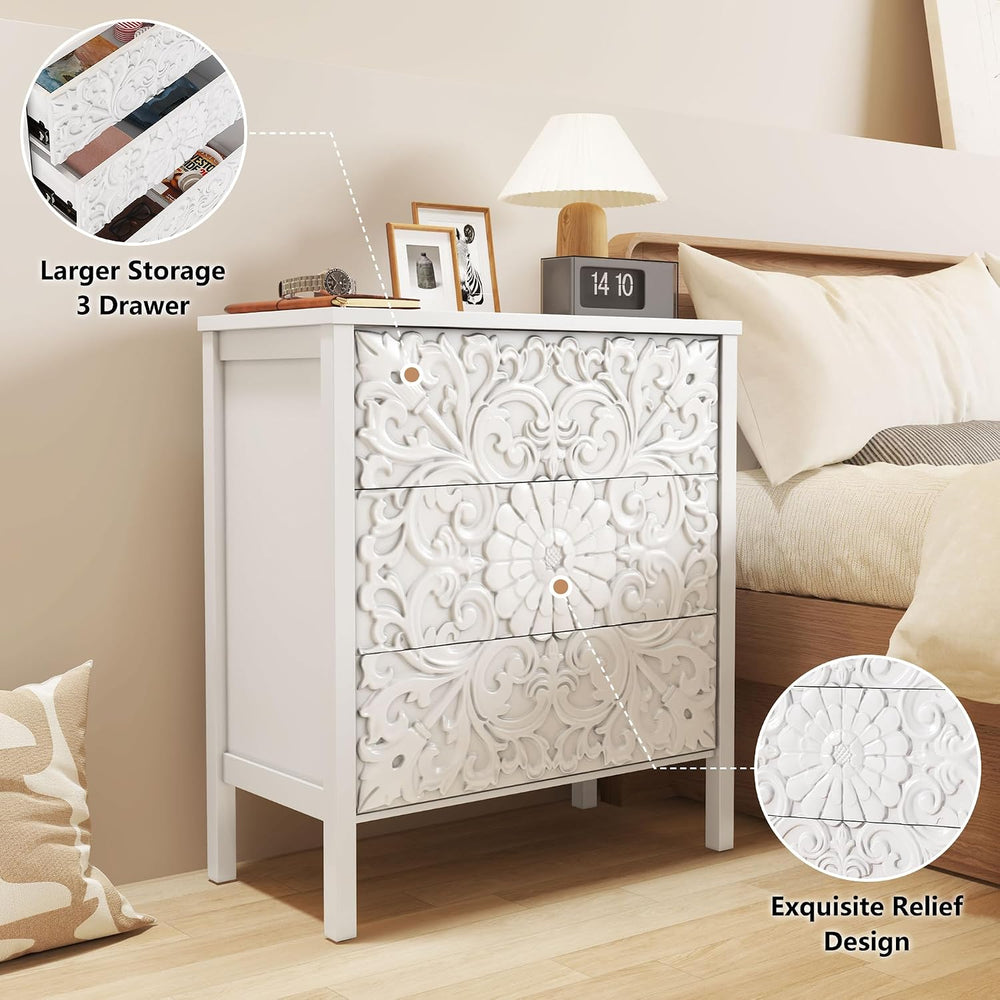 3-Drawer Dresser Chest, Modern Wooden Flower Motif Dressers with Wide Storage...