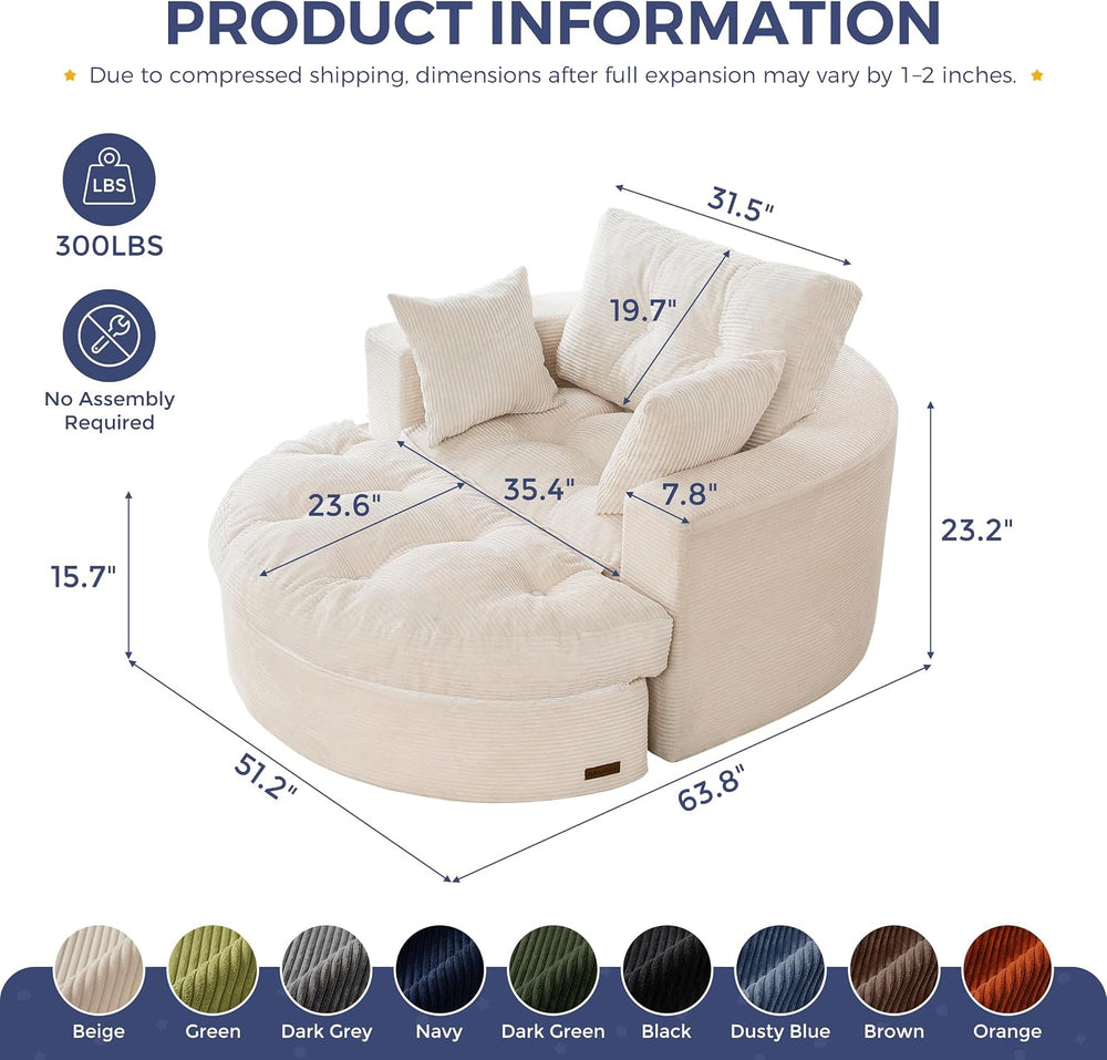 MAXYOYO Oversized Round Chaise Lounge Sofa, Floor Chair with Ottoman | Beige ...