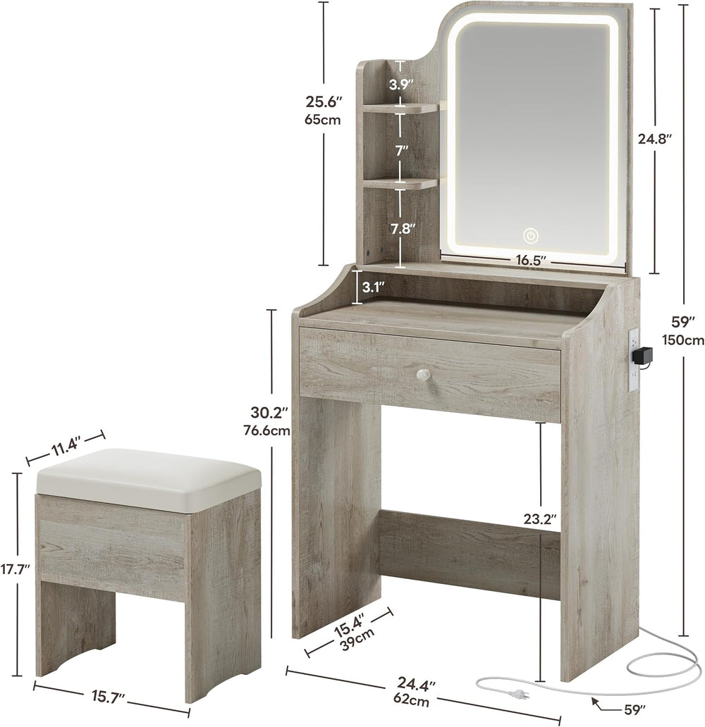 LIKIMIO Small Vanity Desk with Mirror Lights and Storage Stool | White Walnut...