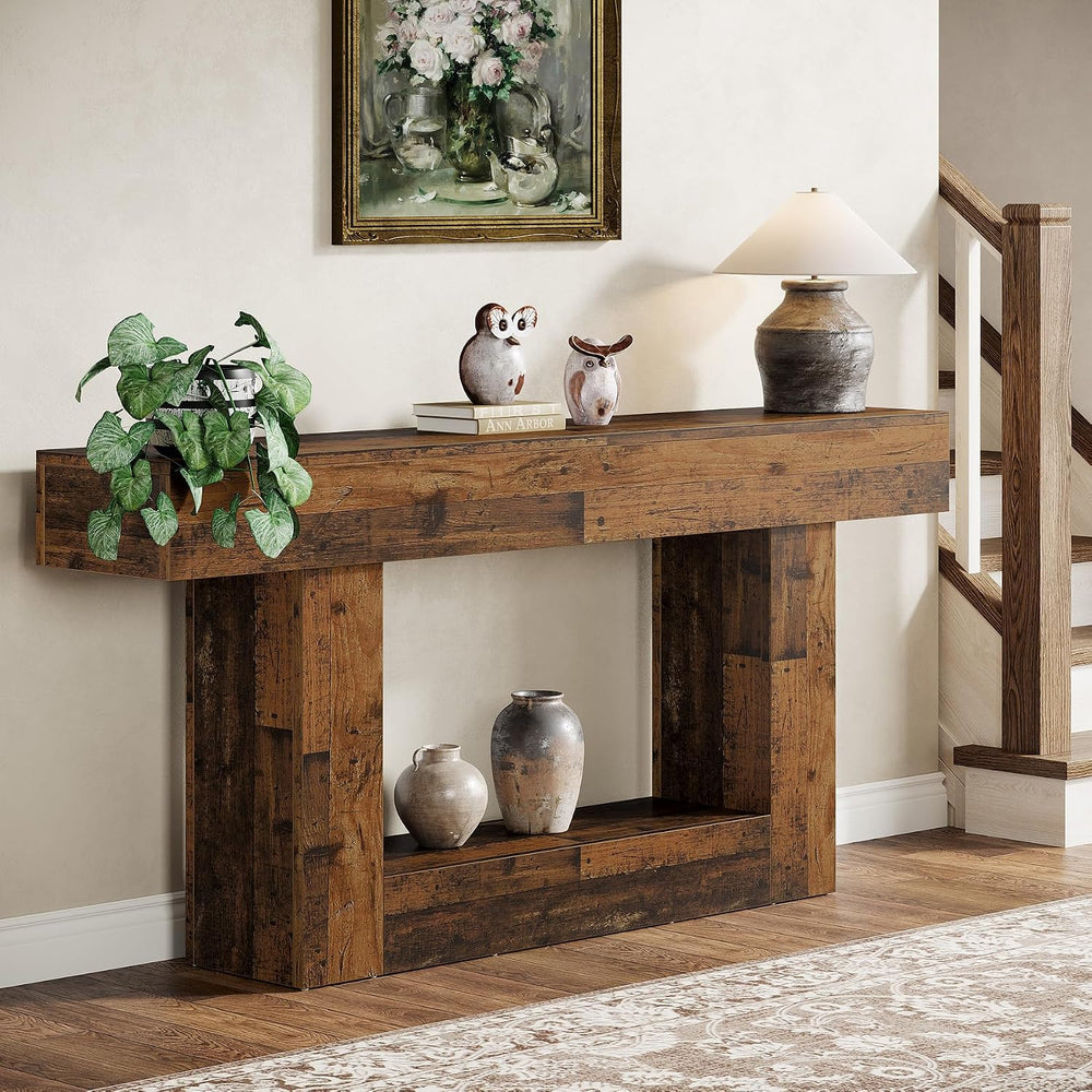 Tribesigns 63" Console Table, Farmhouse 2-Tier Entryway Table with U-Sha...