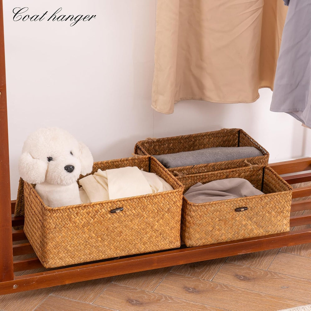 Nonam Wicker Storage Basket with Lid,Seagrass Shelf Basket Set of 3,Natural