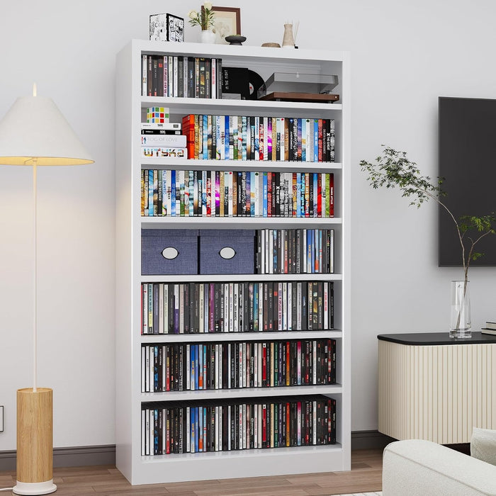 Metal CD Storage Shelf, 7 Tier Tall DVD Storage Cabinet with Adjustable Shelves, Freestanding Rack for Media, Video, Games, White Bookshelf for Living Room, Media Room