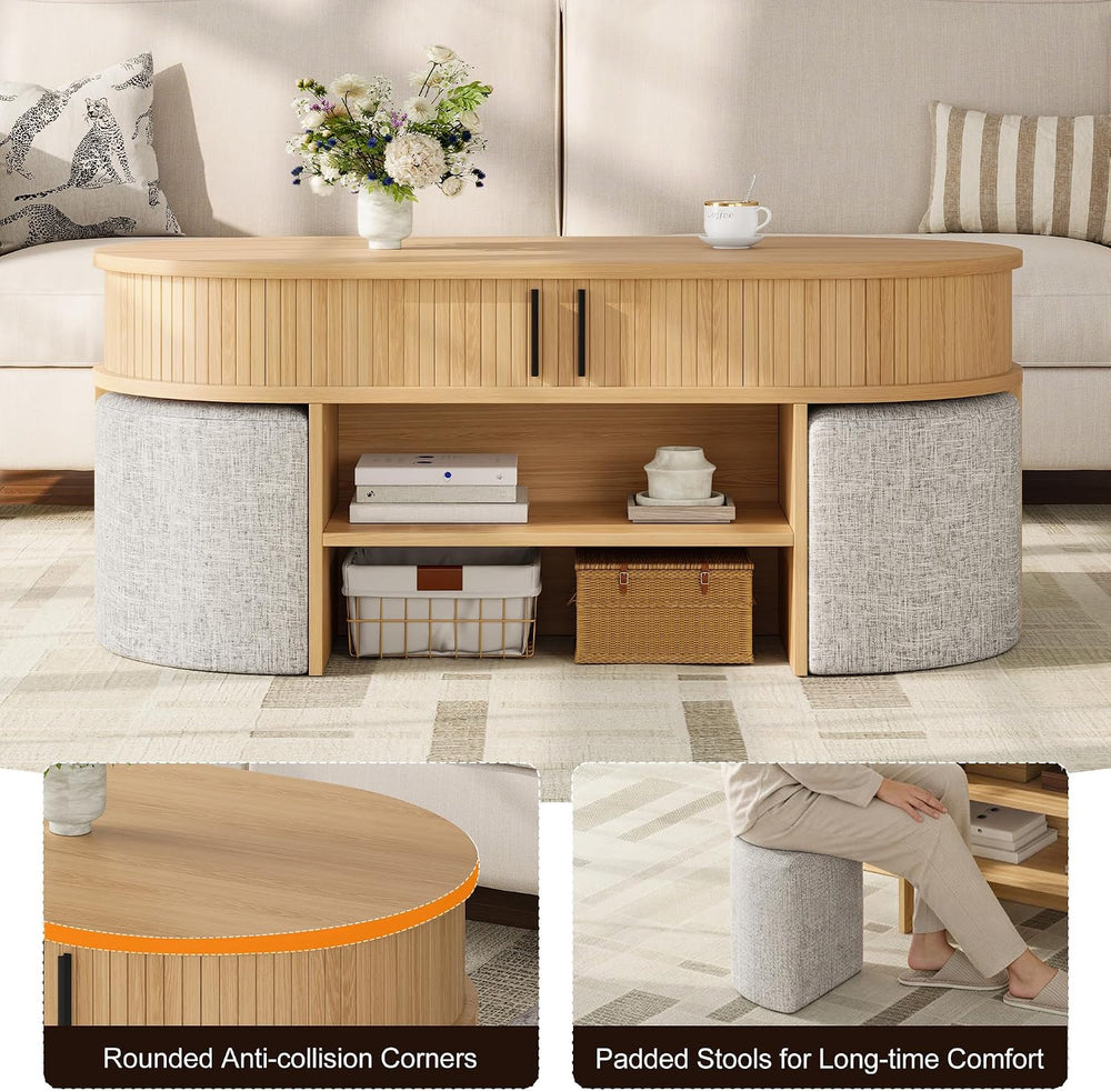 Oval Coffee Table Set with Storage and 4 Fabric Stools,Center Table | Feature...
