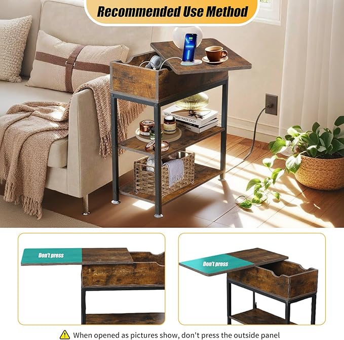 Rotating Top End Table with Charging Station, Side Table with USB Ports and O...