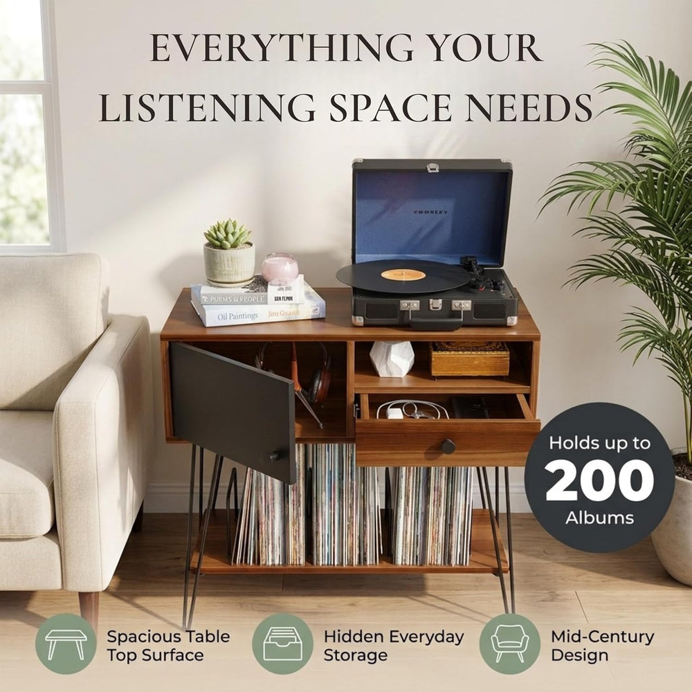 Large Record Player Stand with Vinyl Storage Holds Up to 200 Albums - Mid-Cen...