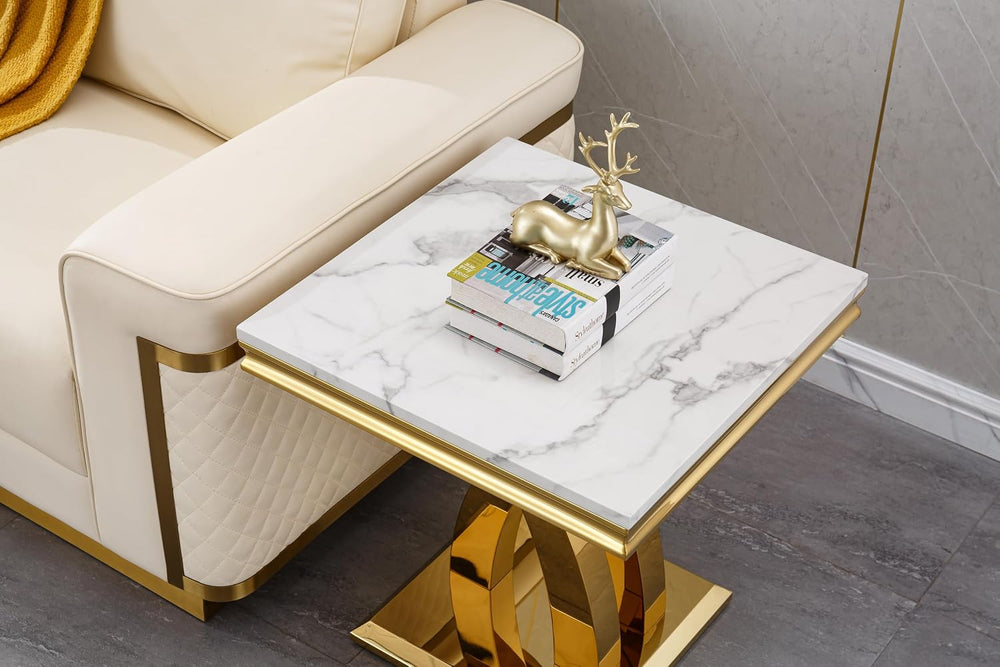 SSLine Modern White Faux Marble End Table Luxury Square Sofa Side Table with ...