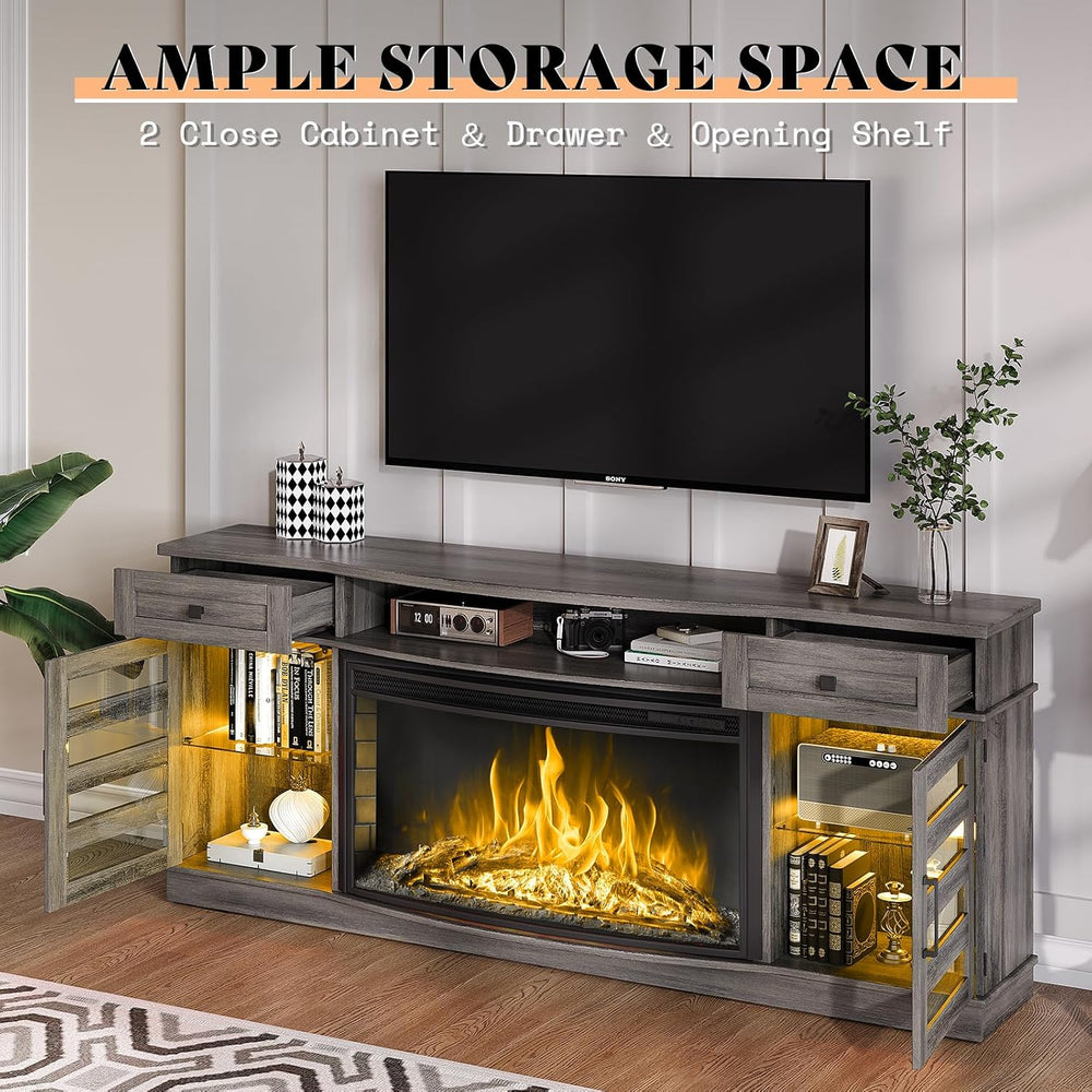 AMERLIFE 70" Fireplace TV Stand with 36'' Curved Electric Firepl...