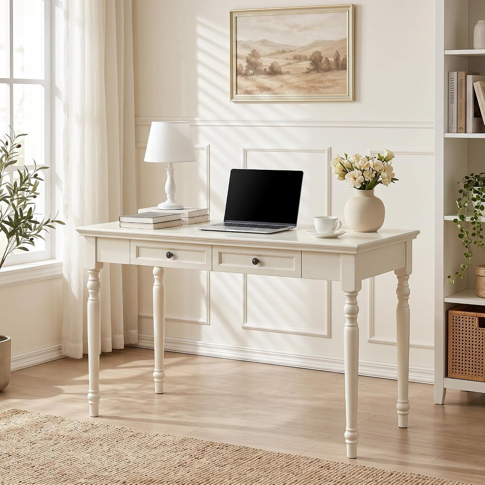 French Country Style Writing Desk with Drawers, White, 47''