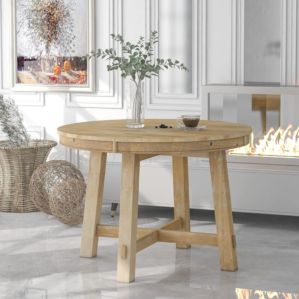 ERYE Farmhouse Style Wooden Dining Table 42-Inch Functional Extendable Round ...