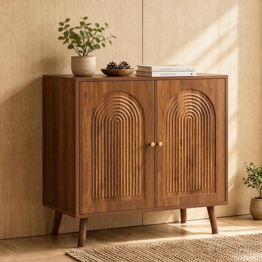 31.5" Accent Storage Cabinet, Arched Fluted 2-Door Sideboard (Walnut)