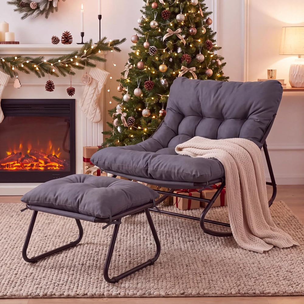 Arlopu Outdoor Rocking Chair Set of 2 with Ottoman, Papasan Rocking Chair