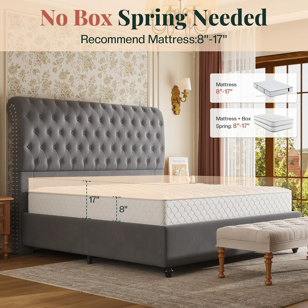 Jocisland Queen Bed Frame 52.8" Sleigh Headboard,Velvet Upholstered, Gray