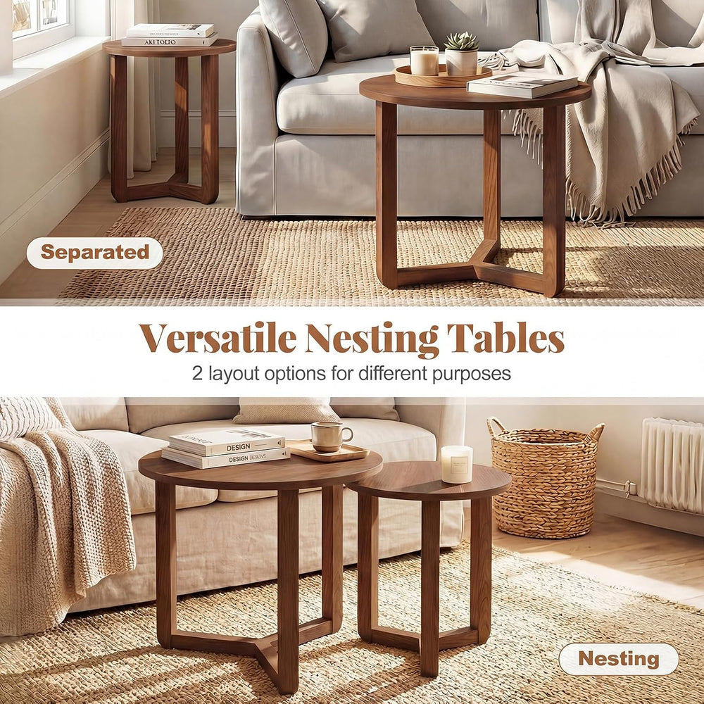 KOTEK Nesting Table Set of 2, Round Coffee Table for Living Room (Walnut) | M...