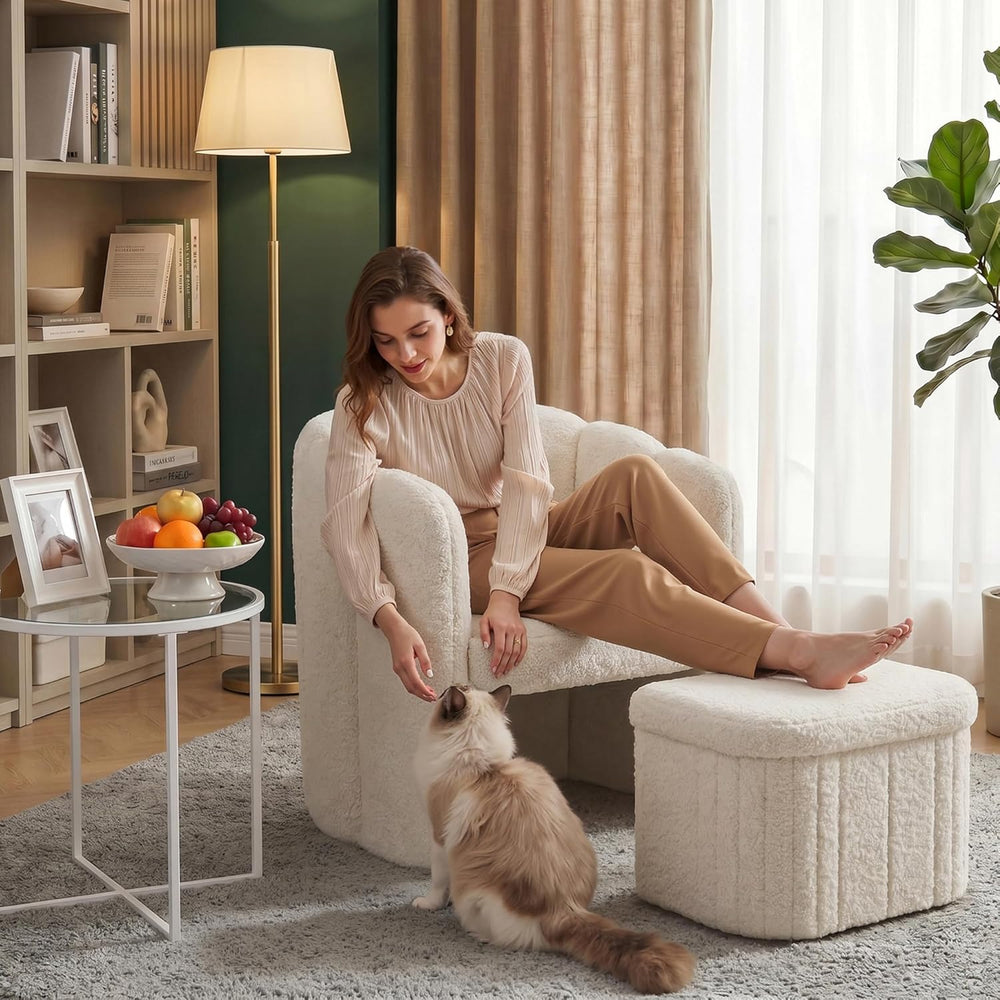 Homkdom Barrel Accent Chair with Storage Ottoman, Teddy Fleece Shell Back, Er...