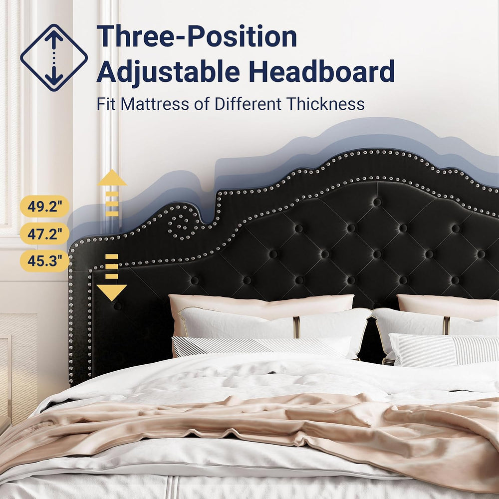 Allewie King Bed Frame with Adjustable Velvet Tiara Headboard, Upholstered Di...