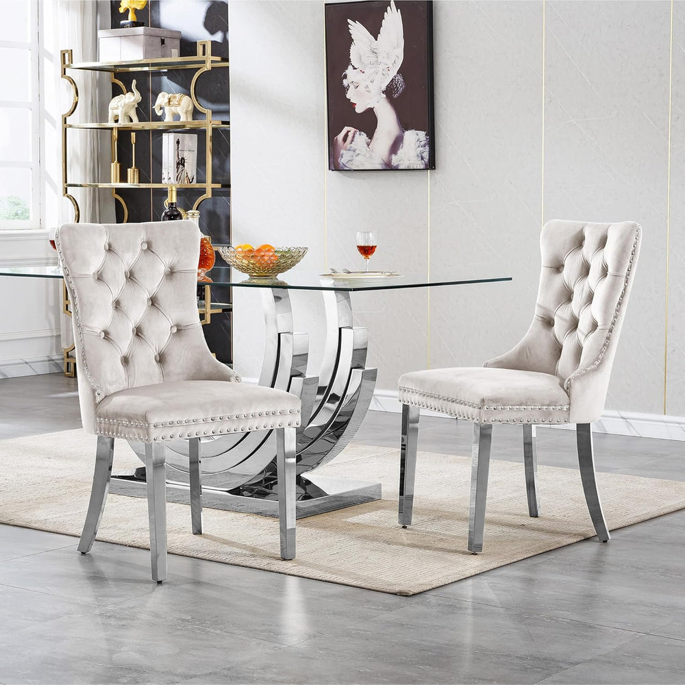 7 Piece Dining Table Set with 6 Beige Dining Chairs, Modern Glass Kitchen Tab...
