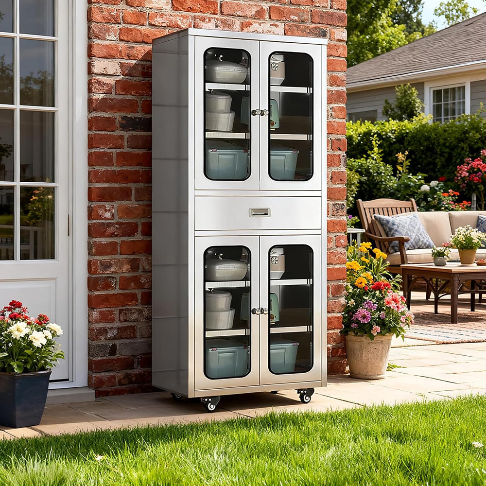 68" Full-Assembled Stainless Steel Cabinet with 1 Drawer and Glass Doors...