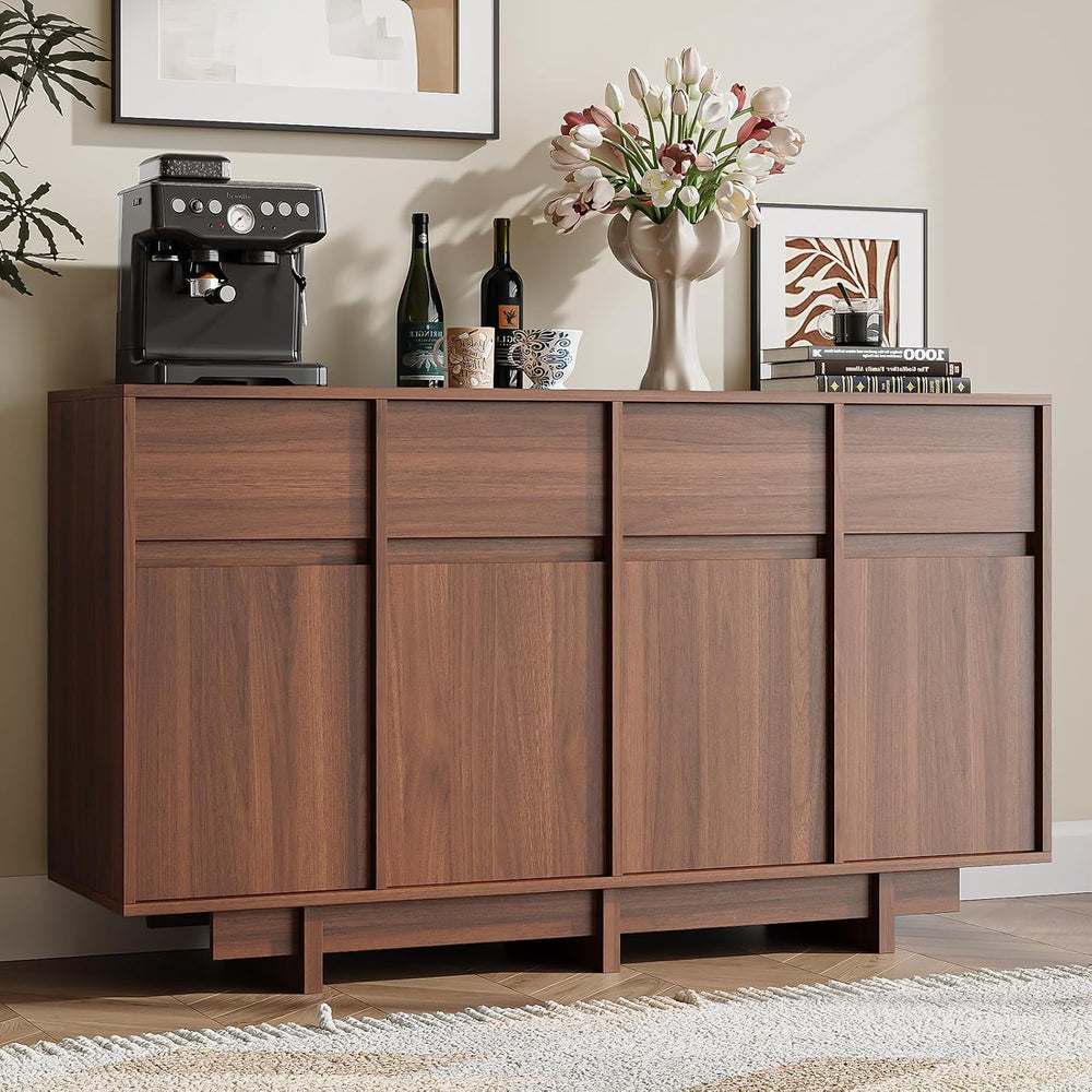 55in Walnut Buffet Cabinet, Mid Century Wood Sideboard Storage