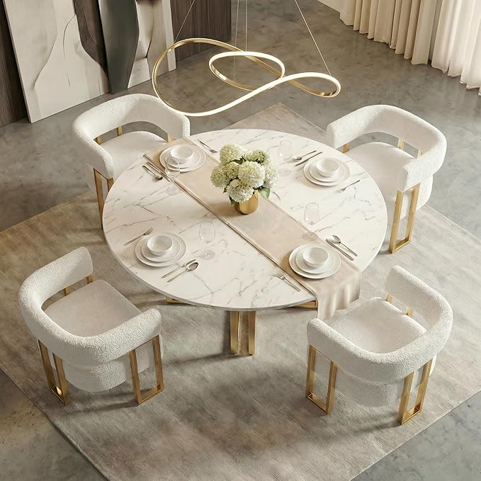 STHOUYN Modern White Boucle Dining Chairs Set of 4 with Gold Metal Legs, Mid ...