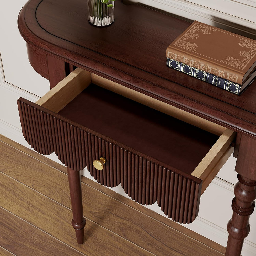 Solid Wood Console Table with Drawer – Dark Walnut Entryway Table with Scallo...