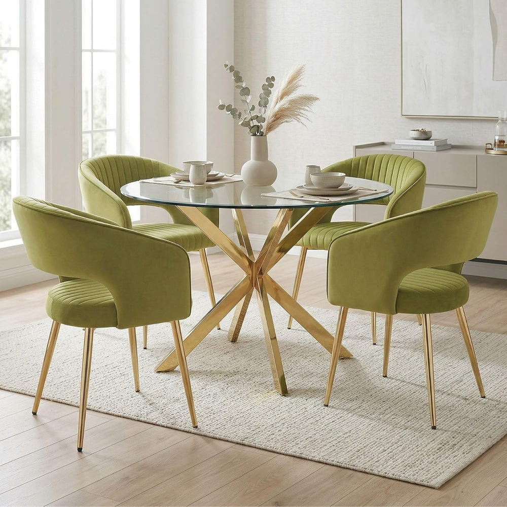 Hyfirm Green Velvet and Gold Dining Chairs, Set of 4 Modern Upholstered Arm C...