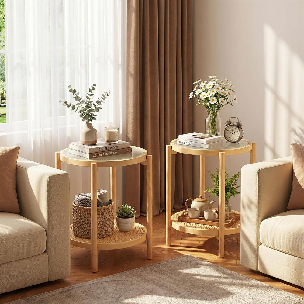 Giantex Rattan Round Side Table, 2-Tier Boho End Table w/Tempered Glass Top, ...