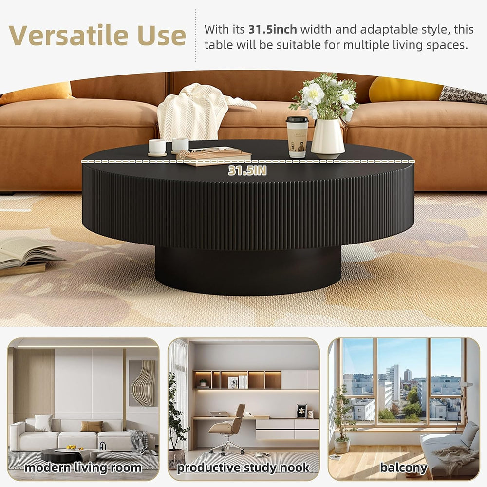 31.5“ Round Fluted Coffee Table, Modern Wood Circle Center Table, Accent Tea ...