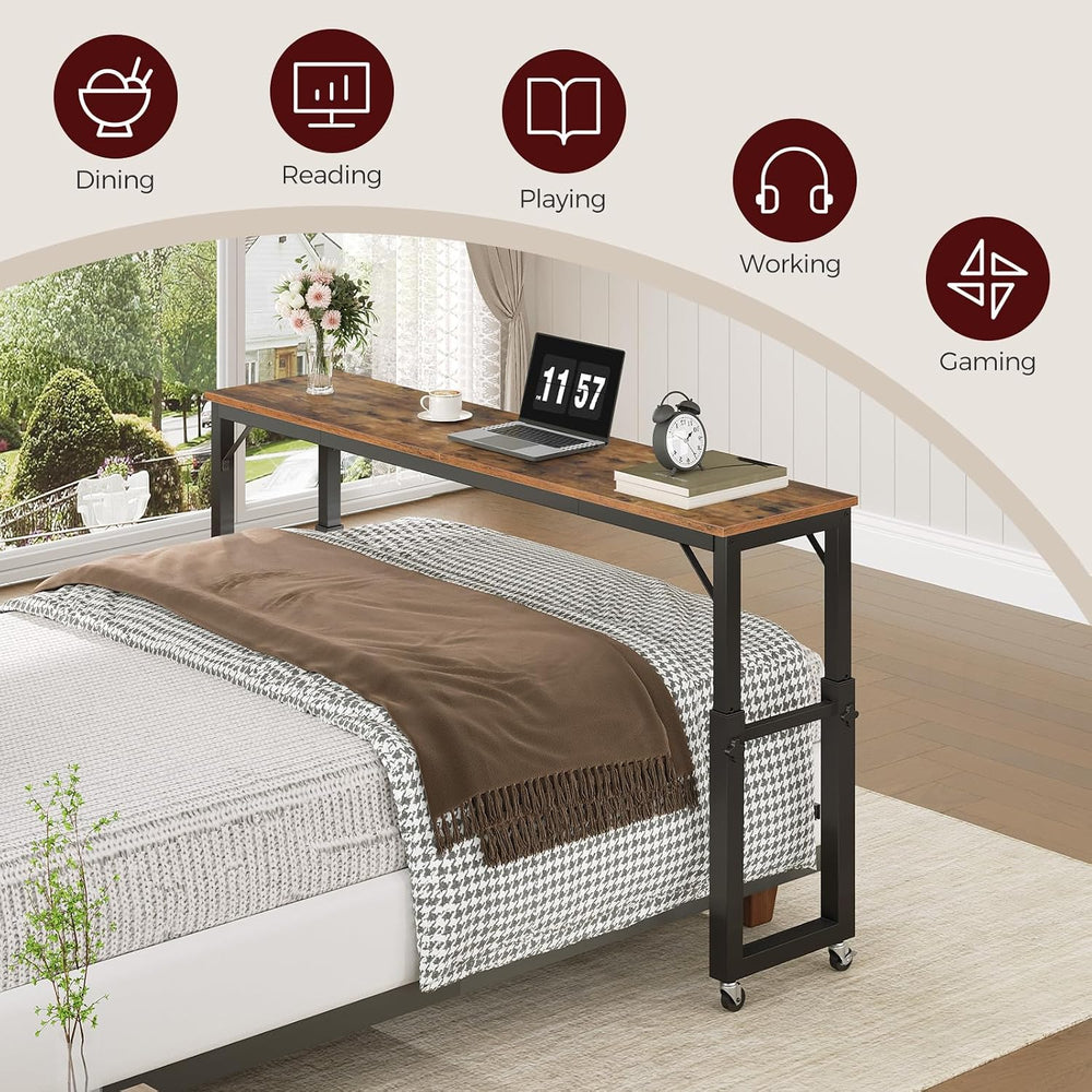 MAHANCRIS Overbed Table with Wheels, Mobile Bed Desk for Queen Size, Rustic