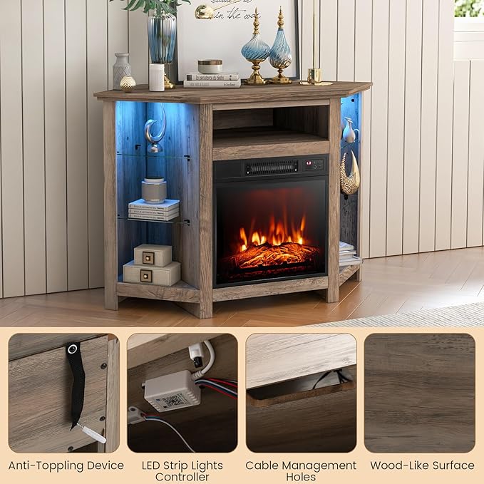 RELAX4LIFE Corner Fireplace TV Stand - Electric Fireplace Entertainment Cente...