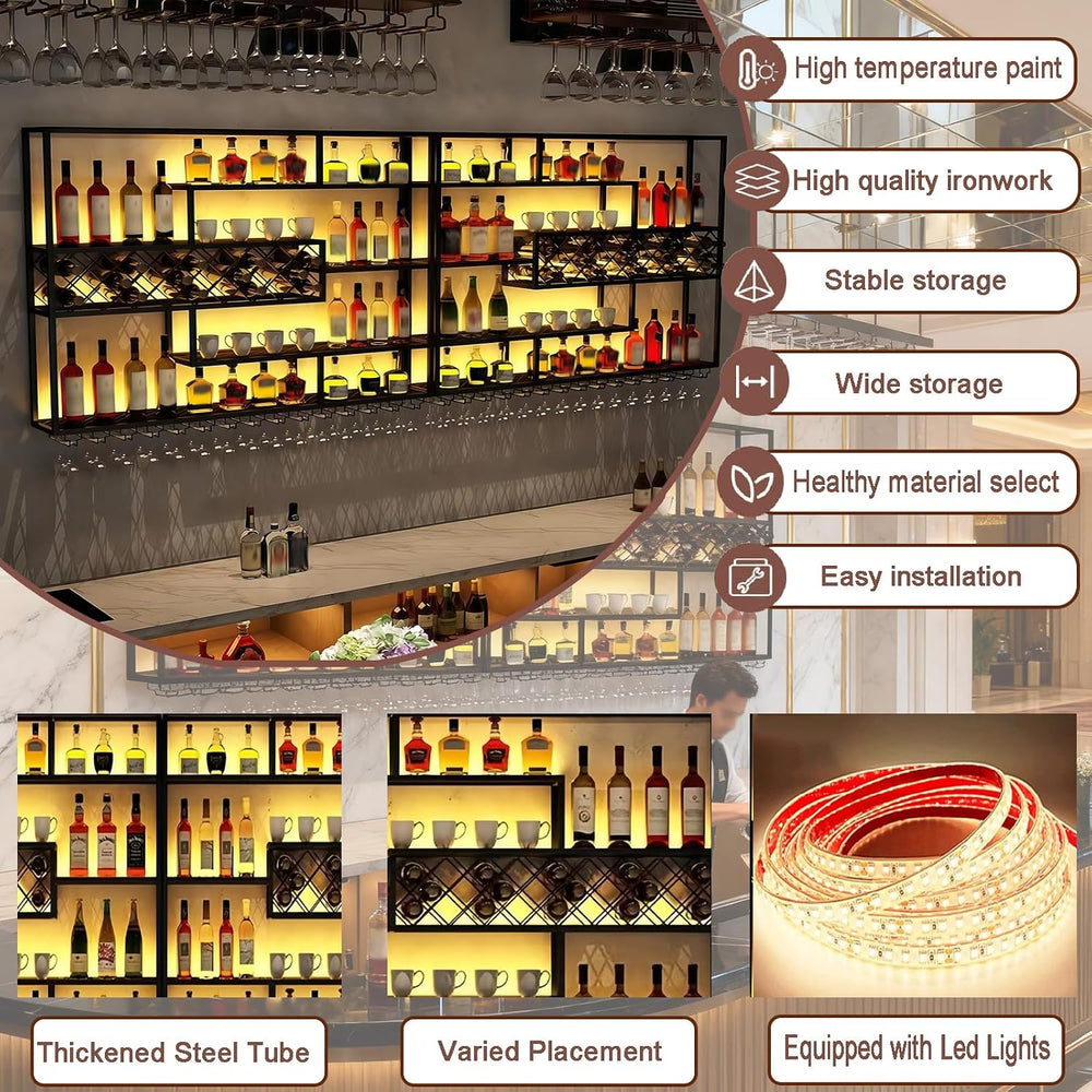 78.7IN Large Metal 4 Tier Wall Mount Wine Rack with LED Light | Wall Mounted,...