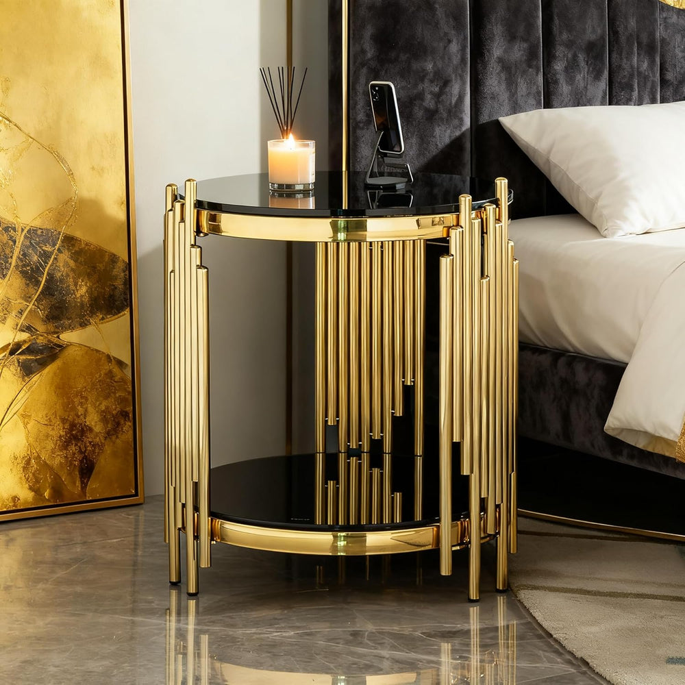 17.72" Round Glass End Table Black, Modern Gold Living Room Table with S...