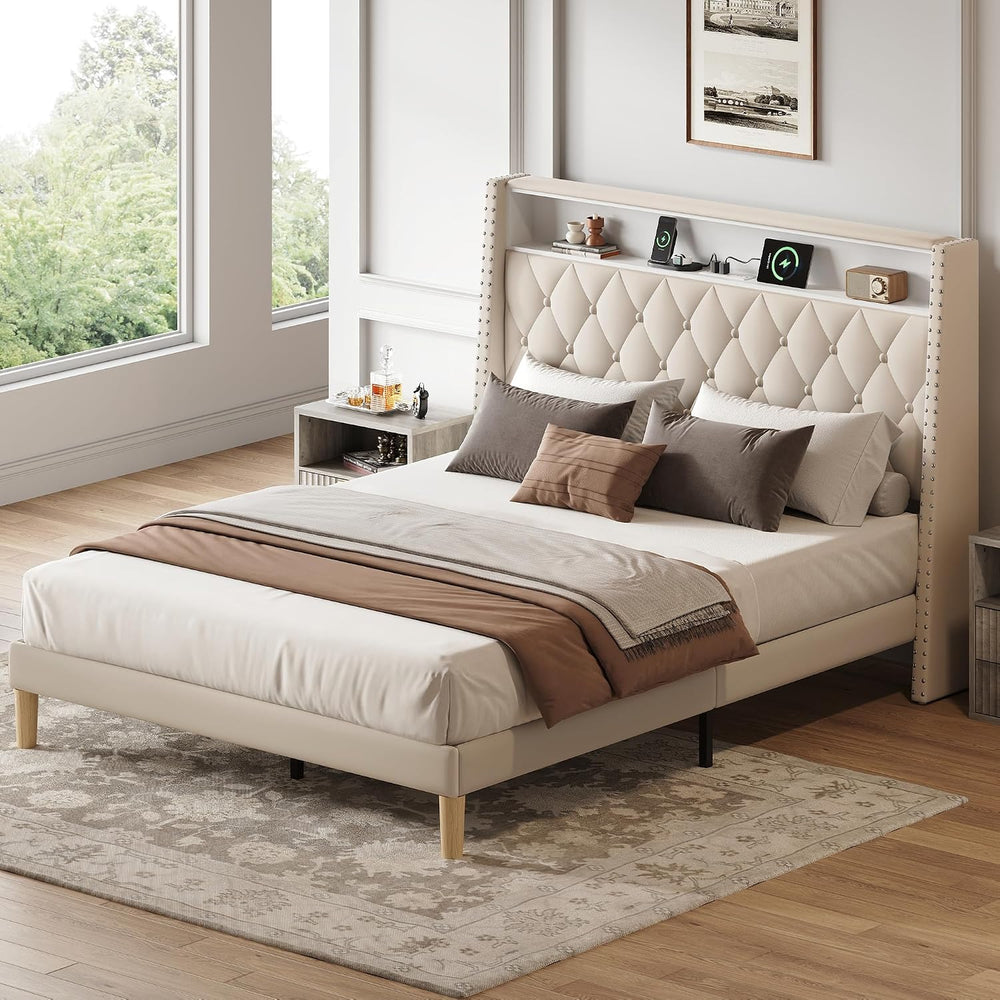 WLIVE Queen Size Upholstered Bed Frame with 48'' Tall Wingback Headbo...