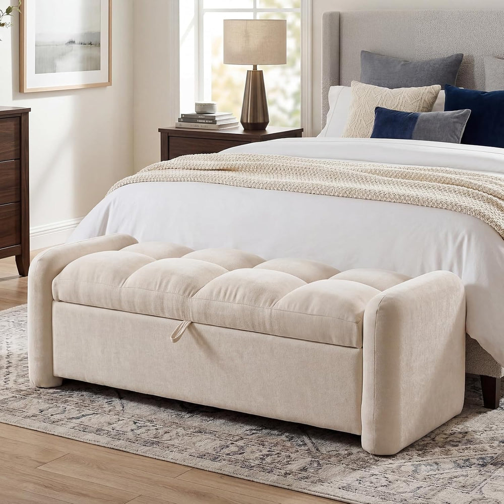 Oversized Ottoman Bench with Storage, Chenille Beige | Oversized Storage Benc...
