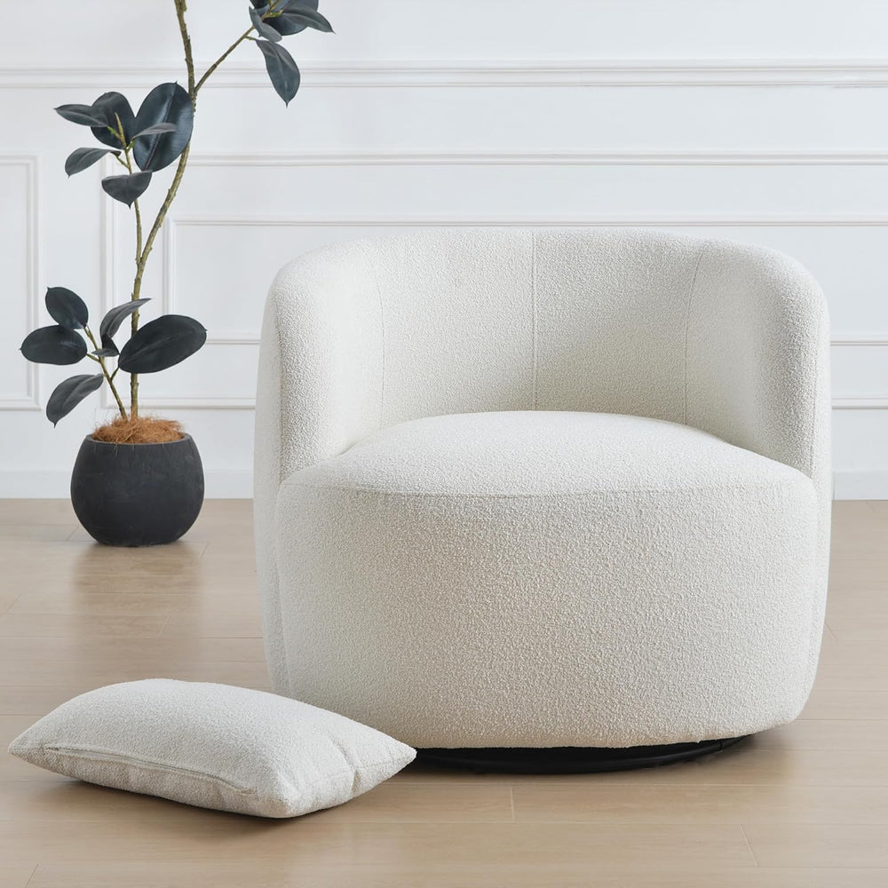 KINWELL 34" W Sherpa Swivel Barrel Accent Chair with Pillow, Cream