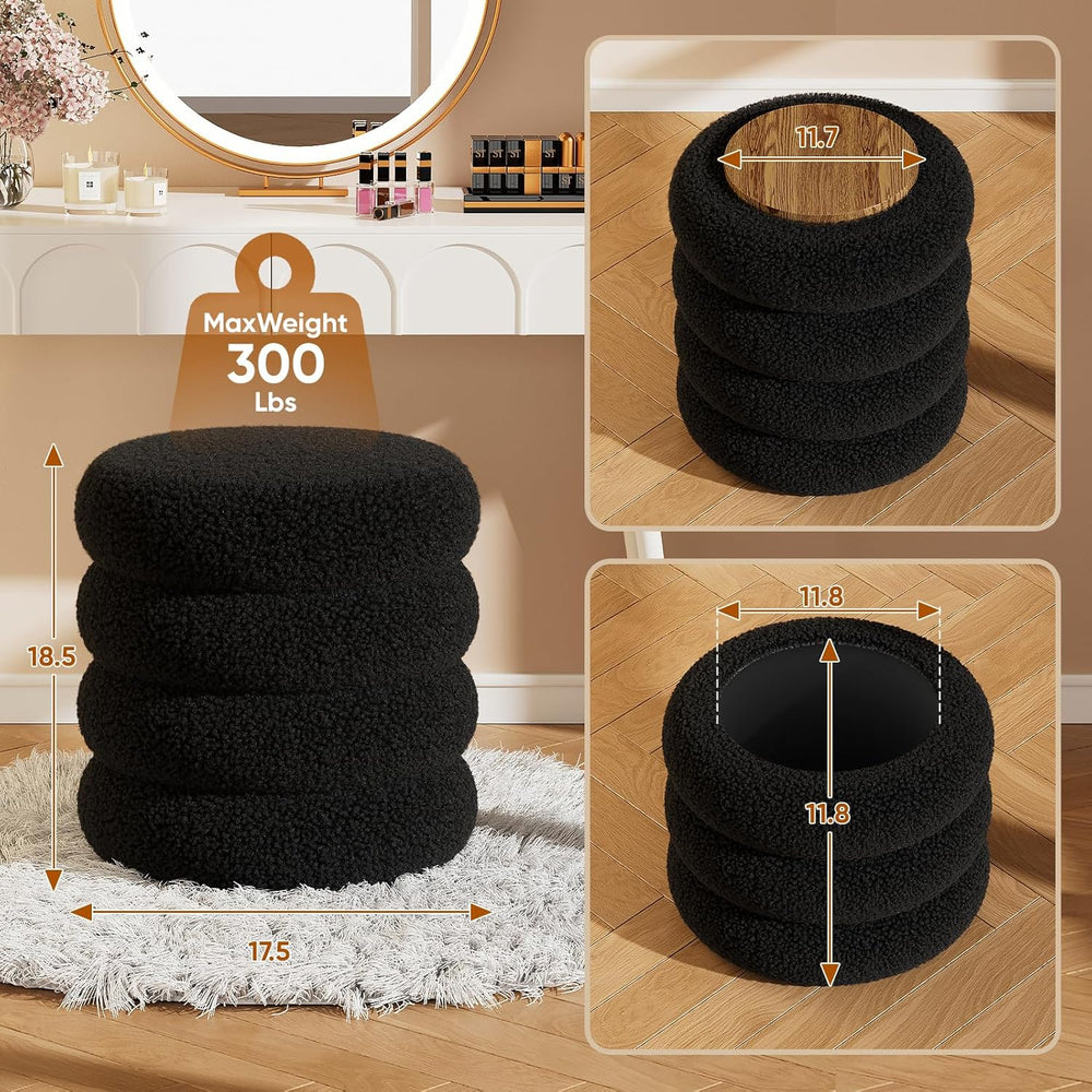 Soft Teddy Round Ottoman with Tray, 17.5 Inches Ottoman Coffee Table with Sto...
