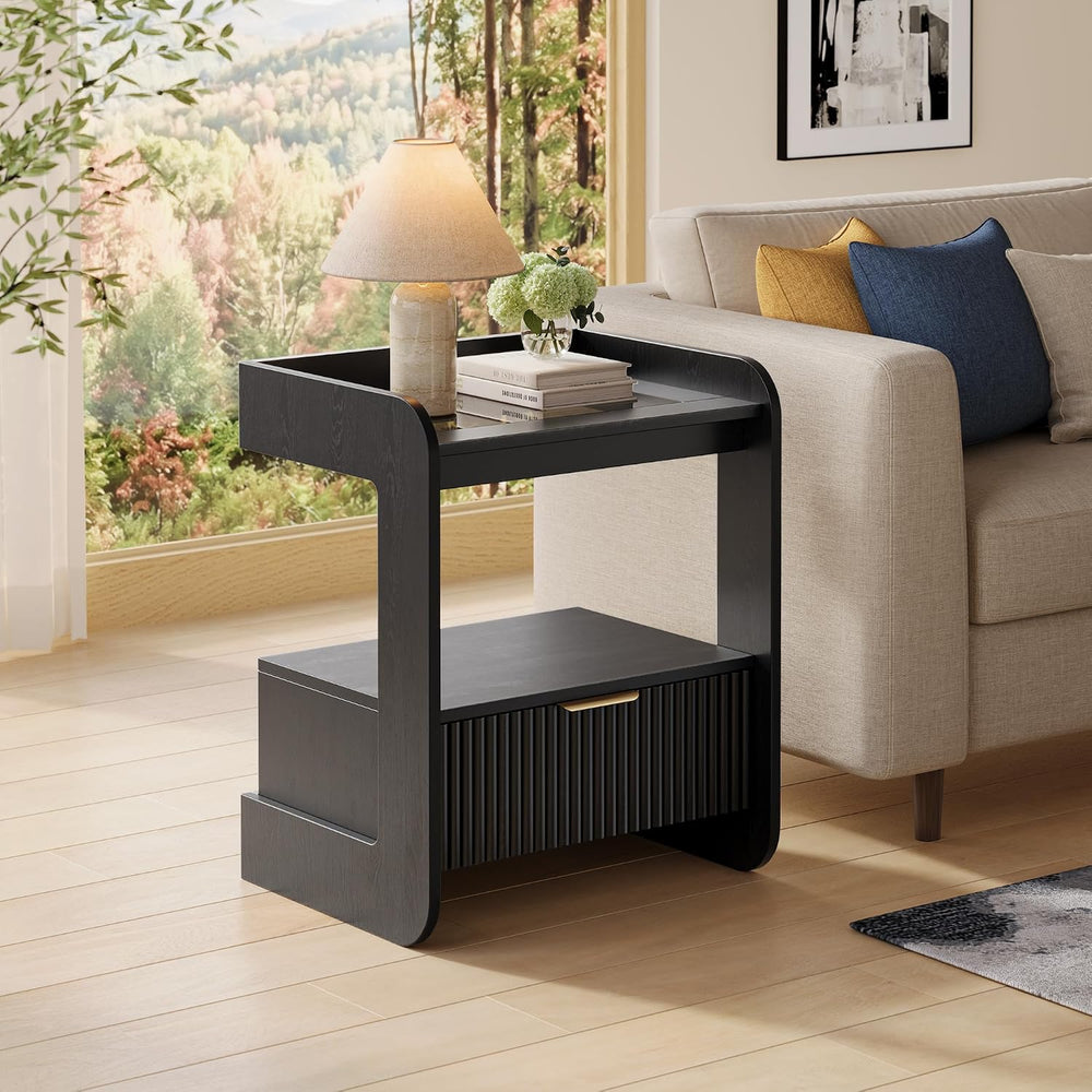 Nightstands Set of 2, Fluted Bedside Tables with Amber Glass Top | Hidden Dra...