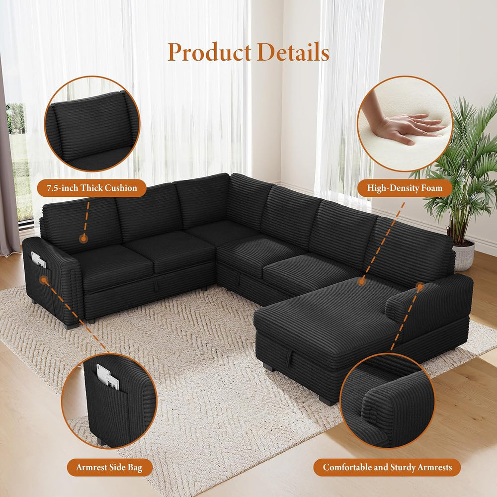 Vesgantti 113.6" Modular Sectional Sofa with Pull Out Bed, 7 Seater, Black